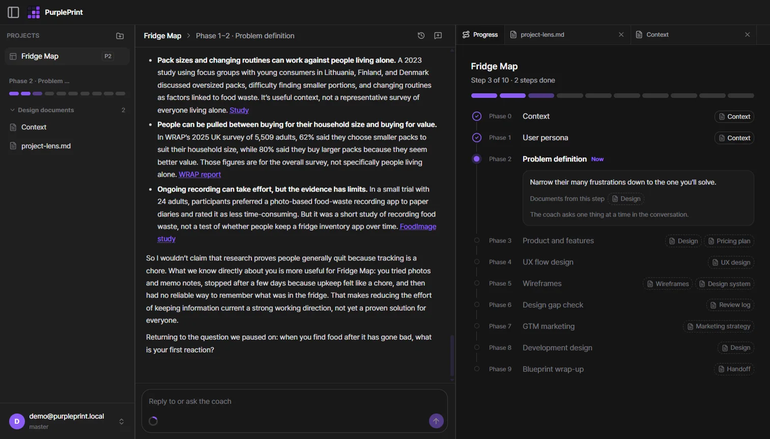 The full PurplePrint design coach: projects on the left, the coach conversation in the middle, Phase 0 to 9 progress on the right