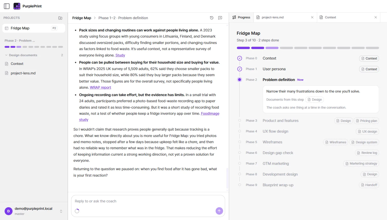 The full PurplePrint design coach: projects on the left, the coach conversation in the middle, Phase 0 to 9 progress on the right